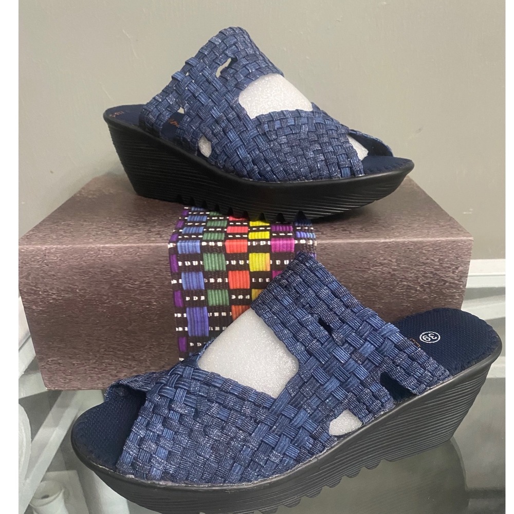 Bernie Mev Lauren Jeans Woven Wedge Sandals Blue Elastic Slide Memory Foam 39